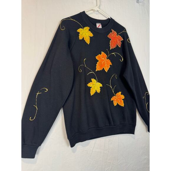 Vtg 90s Sweatshirt Jerzees Leaves Fall Puff Print USA Womens L Black Autumn - Picture 2 of 6